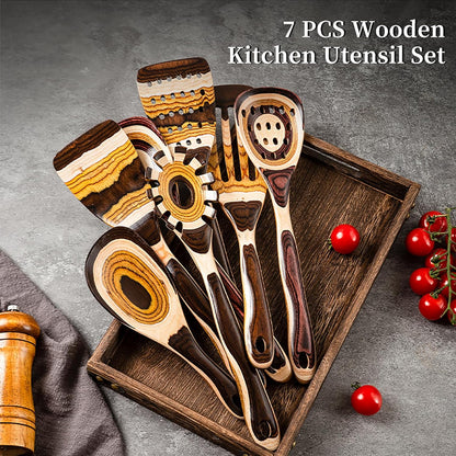 7-Piece Brown Pakkawood Utensils Set – Sturdy, Eco-Friendly, Wooden Spoons for Cooking, Wooden Utensil for Cooking, Wooden Kitchen Tool, Home & Kitchen Gifts for Men and Women