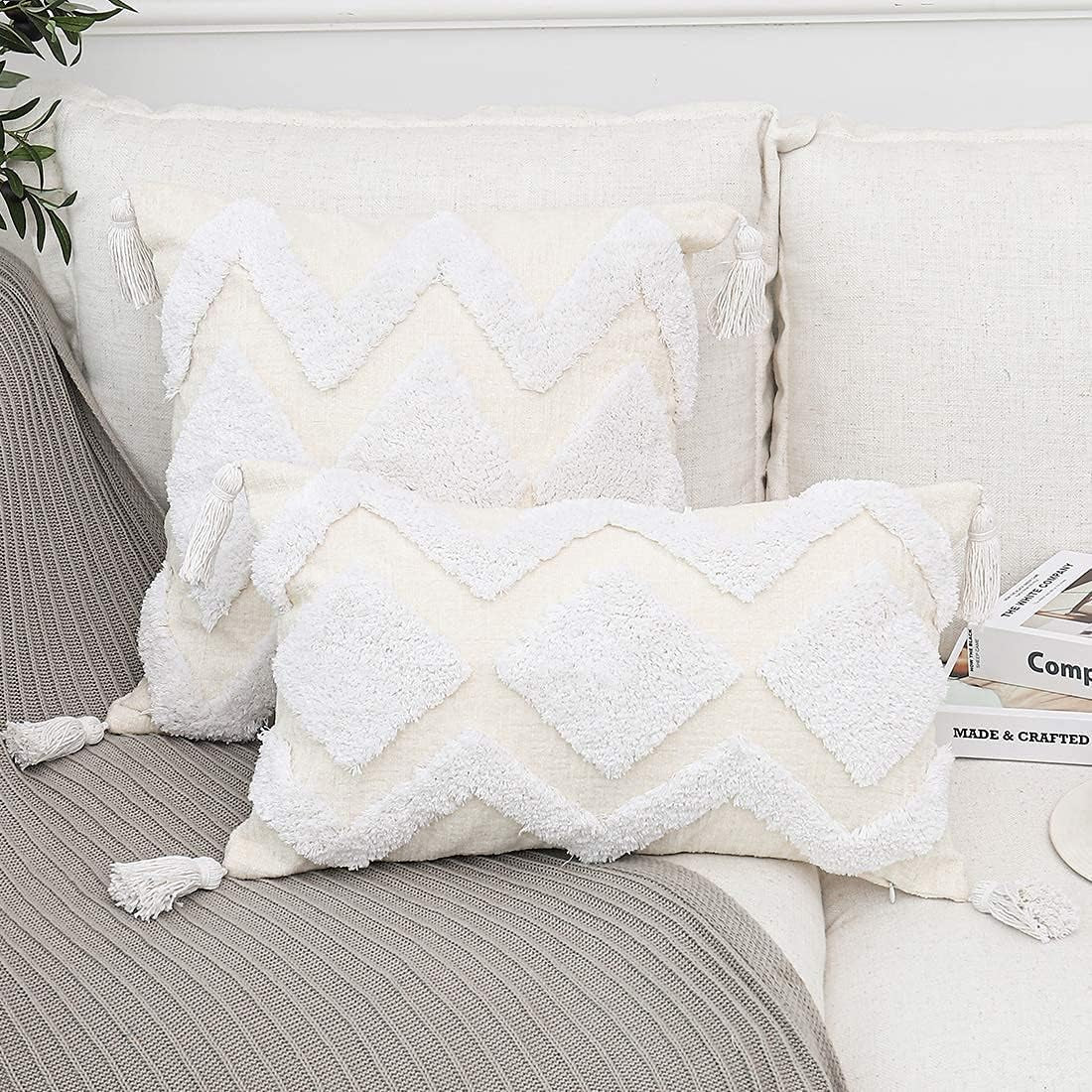 Boho White Throw Pillow Cover 18X18 Inch with Tassels, Moroccan Tufted Decorative Cream Chenille Fabric Accent Textured Cushion Case for Bed Couch, 1 PC