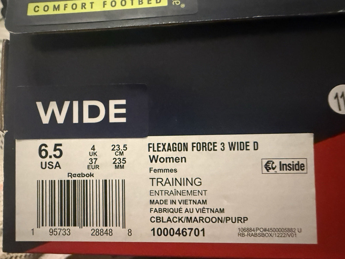 Size 6.5 Women Wide - Reebok Flexagon Force 4 Black/maroon/purple