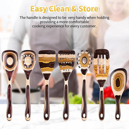 7-Piece Brown Pakkawood Utensils Set – Sturdy, Eco-Friendly, Wooden Spoons for Cooking, Wooden Utensil for Cooking, Wooden Kitchen Tool, Home & Kitchen Gifts for Men and Women