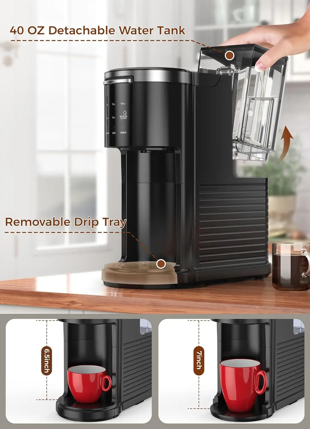 Single Serve Coffee Maker - K Cup & Ground Coffee with 40oz Tank