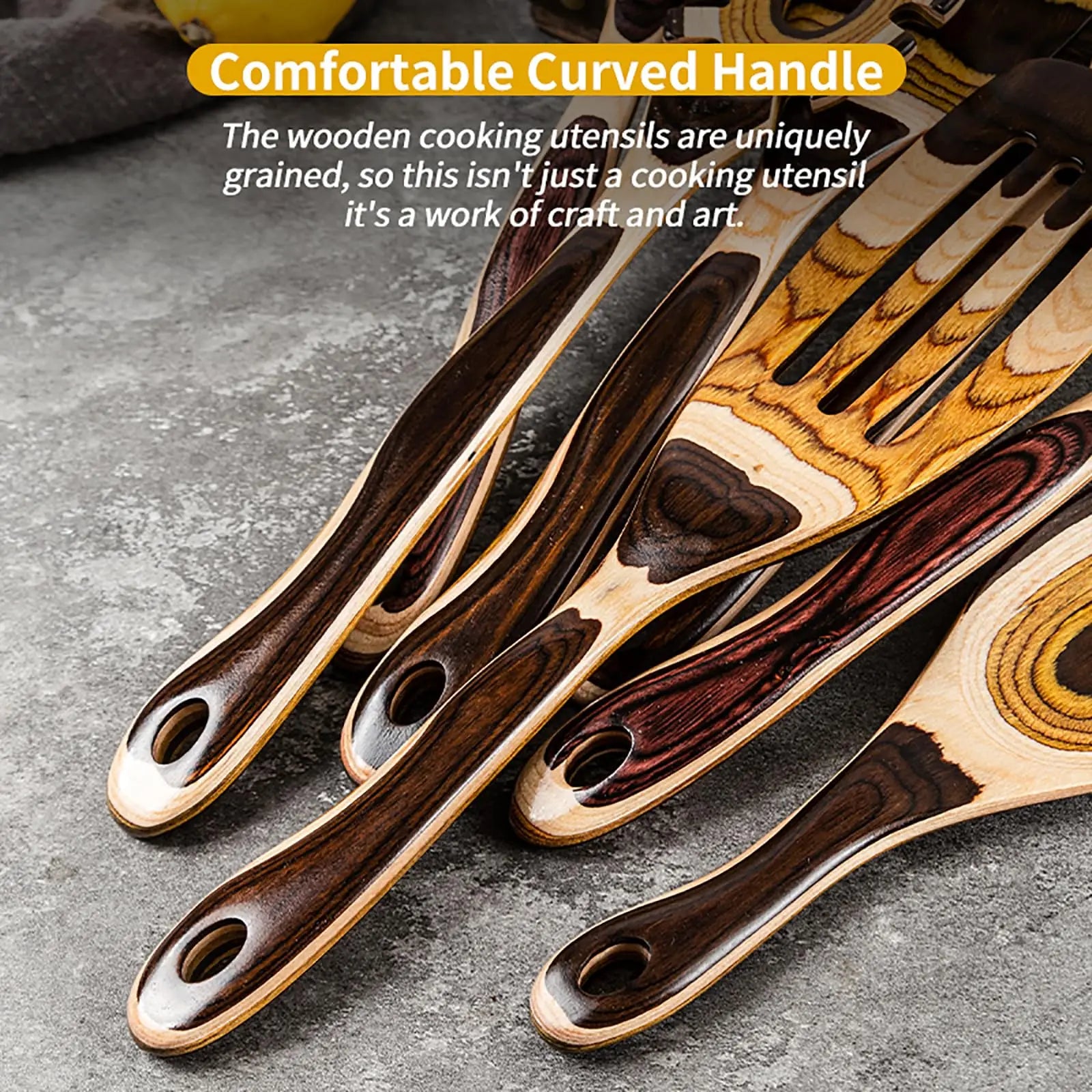 7-Piece Pakkawood Utensil Set - Non-Slip Wooden Spoons & Spatula