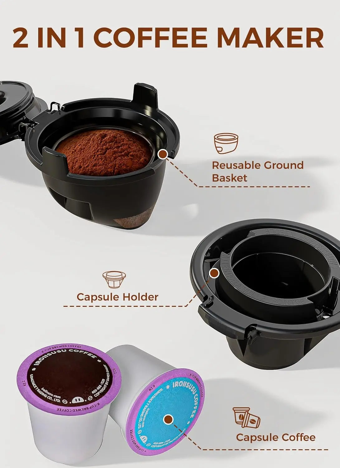 Single Serve Coffee Maker - K Cup & Ground Coffee with 40oz Tank