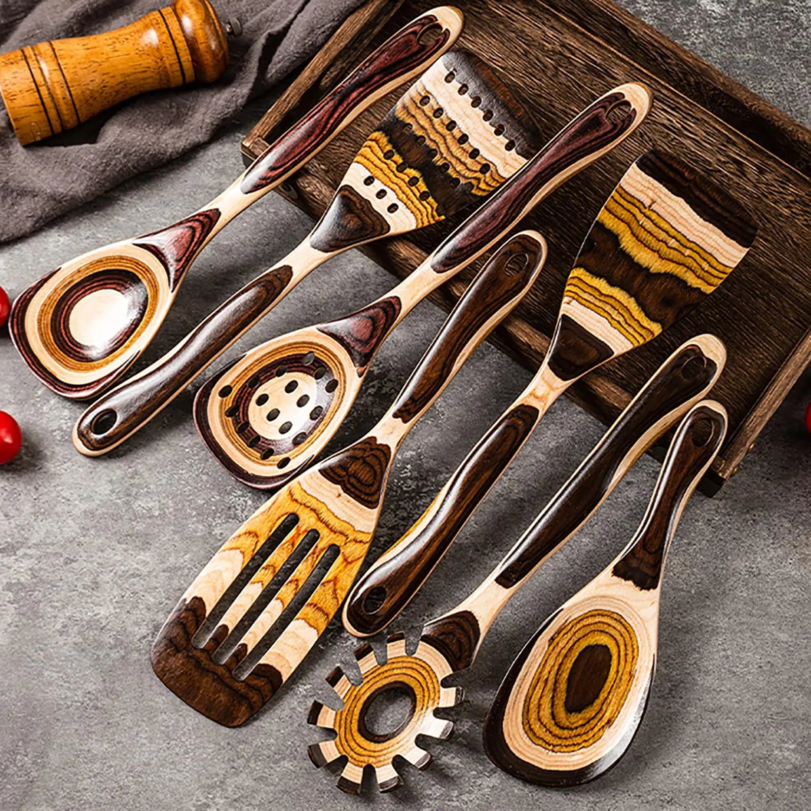 7-Piece Pakkawood Utensil Set - Non-Slip Wooden Spoons & Spatula