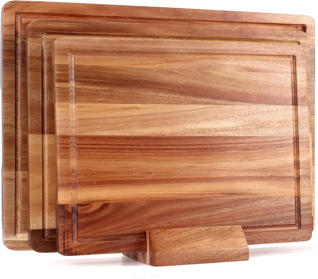 Large Acacia Wood Cutting Board Set - 3 Pieces with Holder