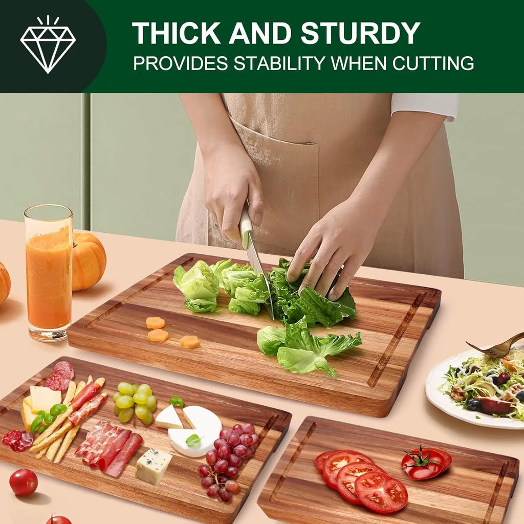 Large Acacia Wood Cutting Board Set - 3 Pieces with Holder
