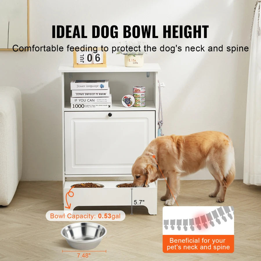 Elevated Dog Bowls & Toy Storage Cabinet