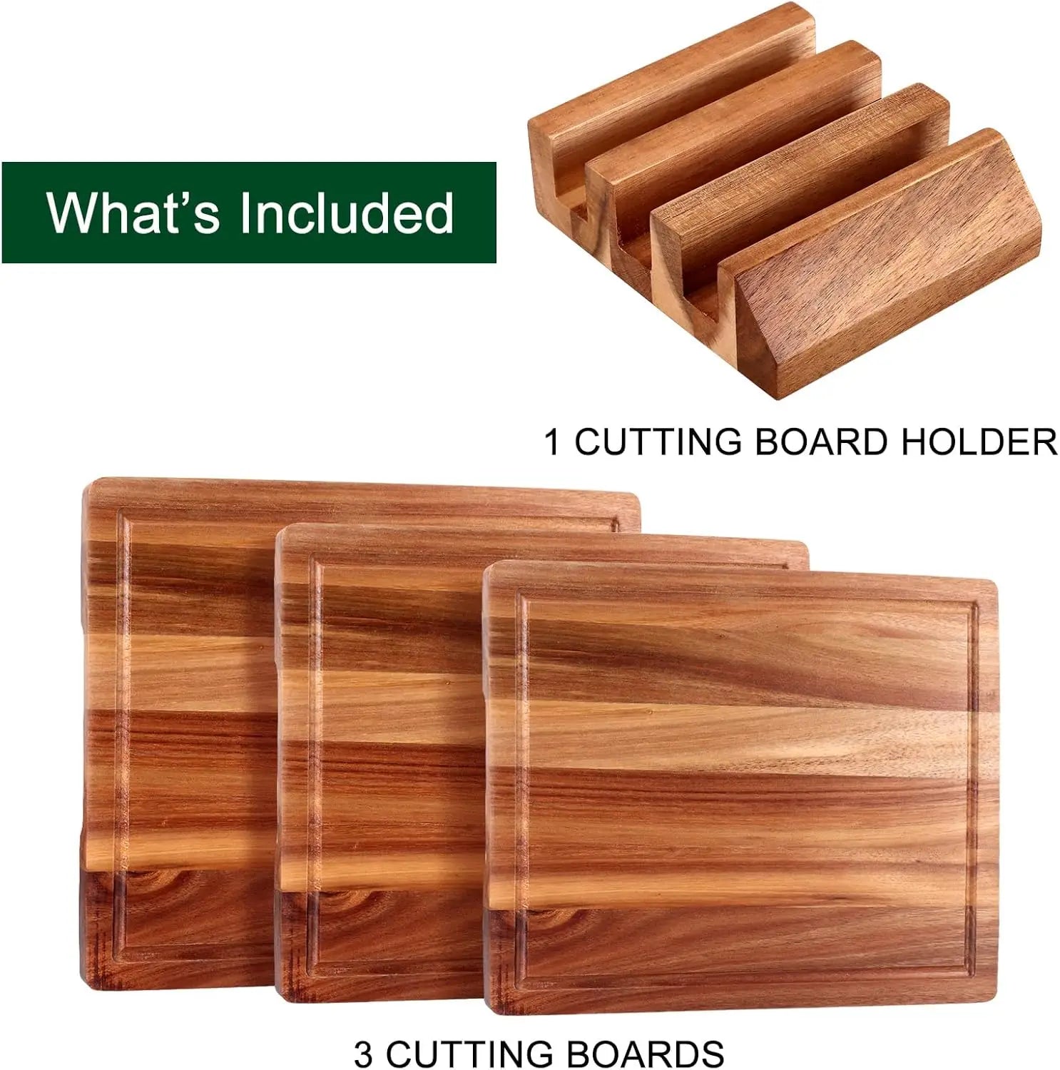 Large Acacia Wood Cutting Board Set - 3 Pieces with Holder