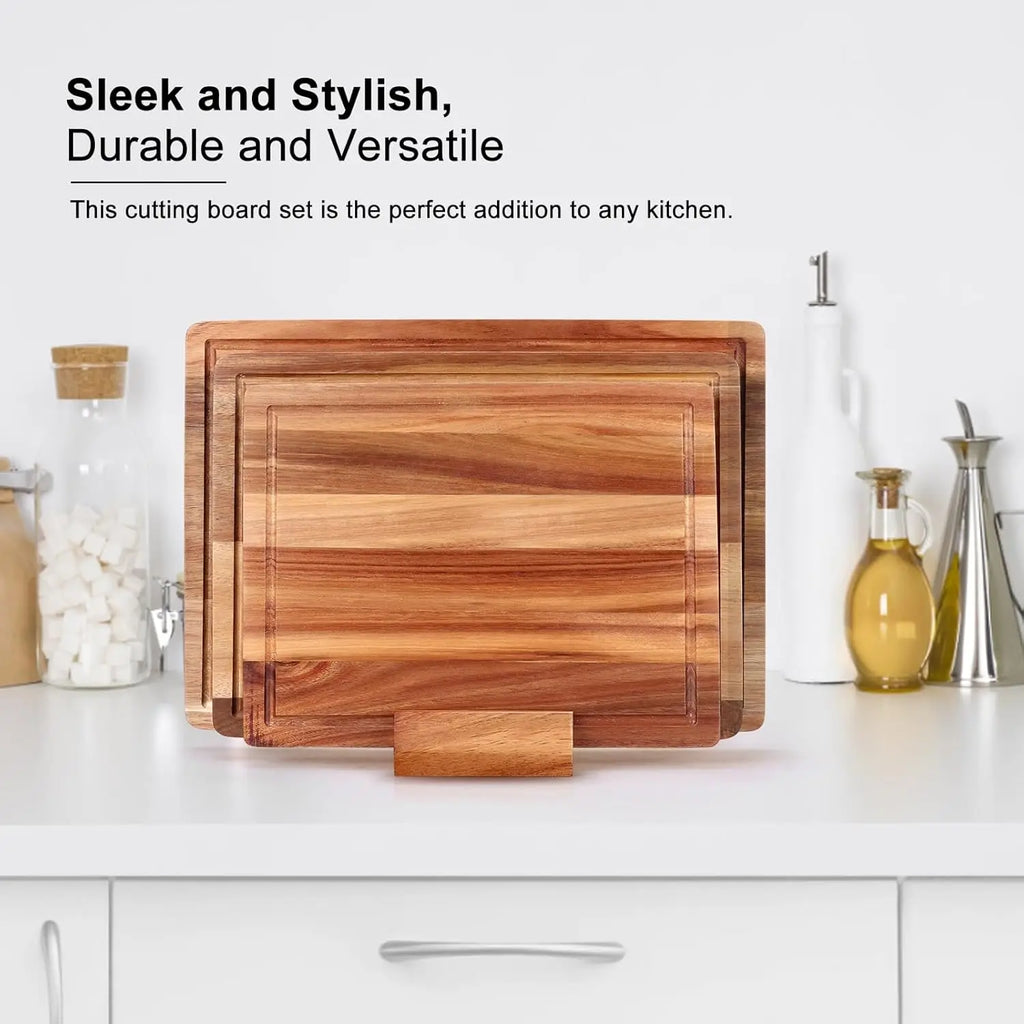 Large Acacia Wood Cutting Board Set - 3 Pieces with Holder
