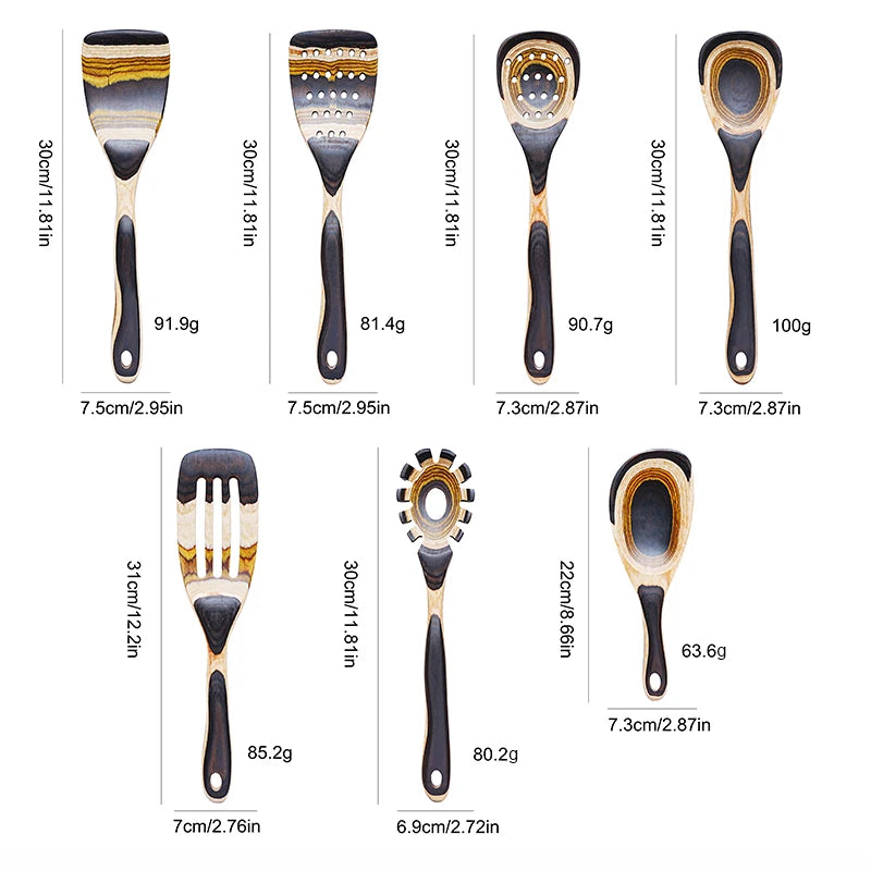 7-Piece Pakkawood Utensil Set - Non-Slip Wooden Spoons & Spatula
