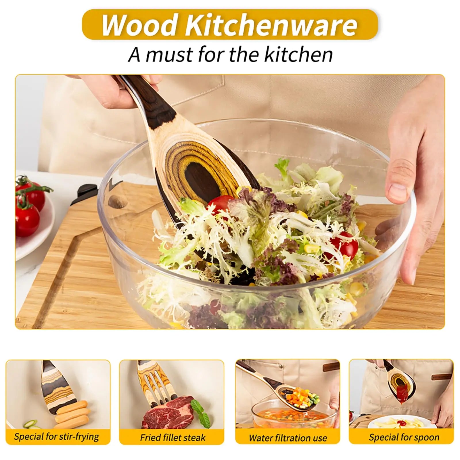 7-Piece Pakkawood Utensil Set - Non-Slip Wooden Spoons & Spatula