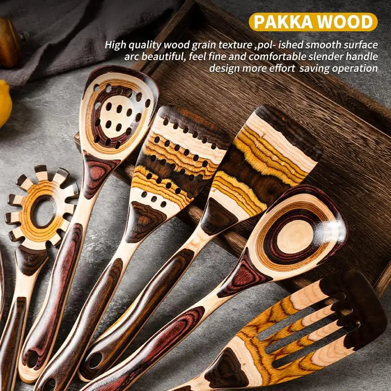7-Piece Pakkawood Utensil Set - Non-Slip Wooden Spoons & Spatula