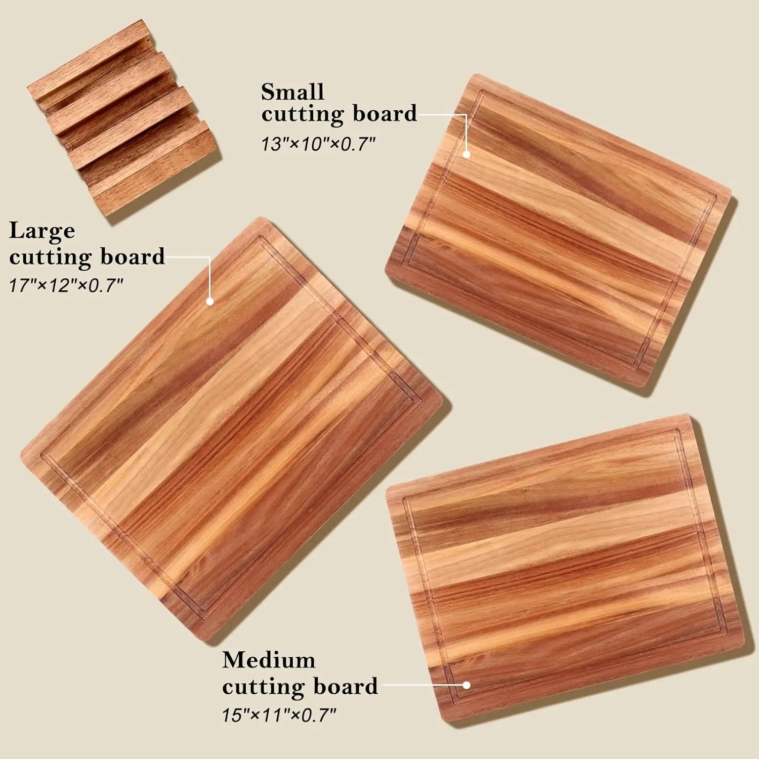 Large Acacia Wood Cutting Board Set - 3 Pieces with Holder
