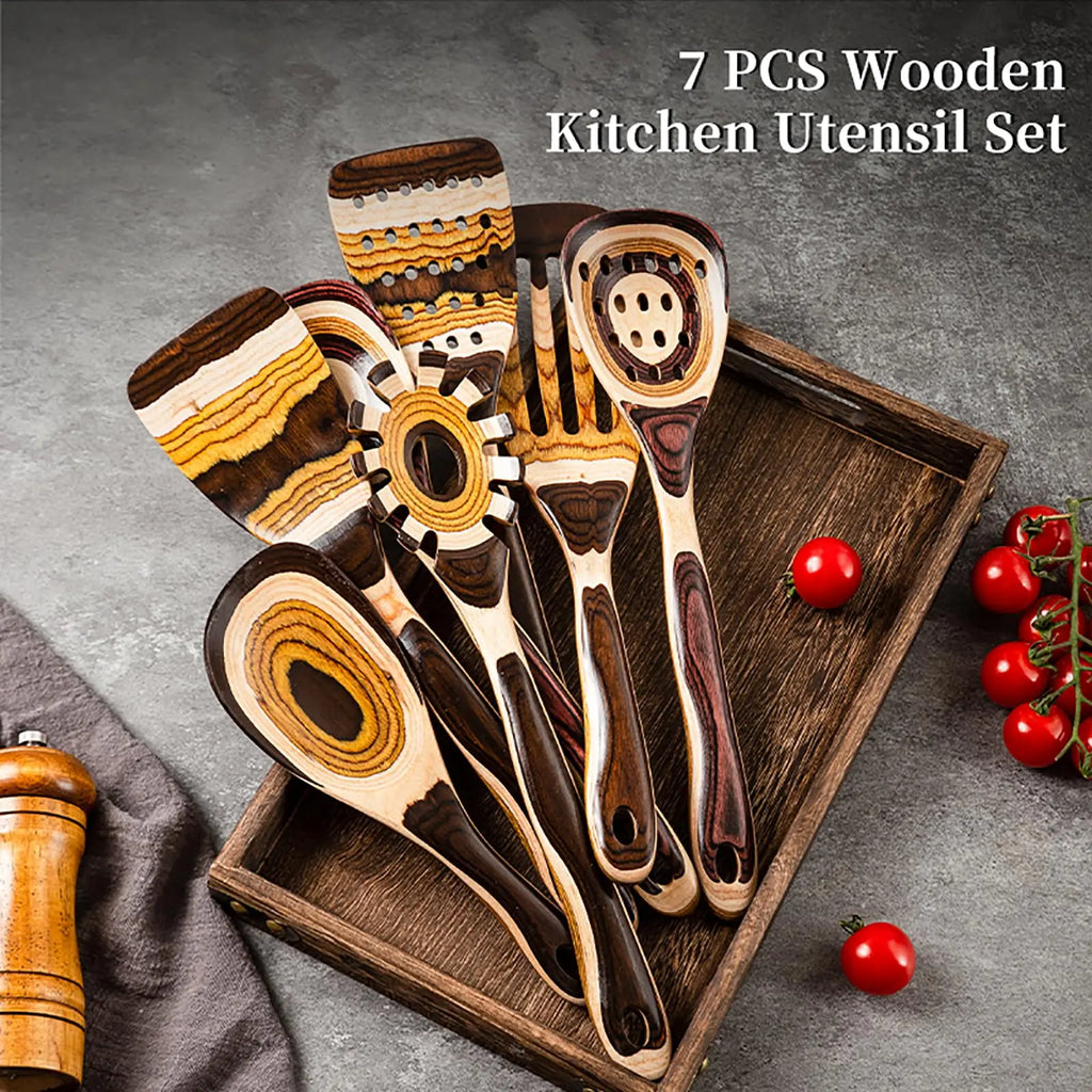 7-Piece Pakkawood Utensil Set - Non-Slip Wooden Spoons & Spatula