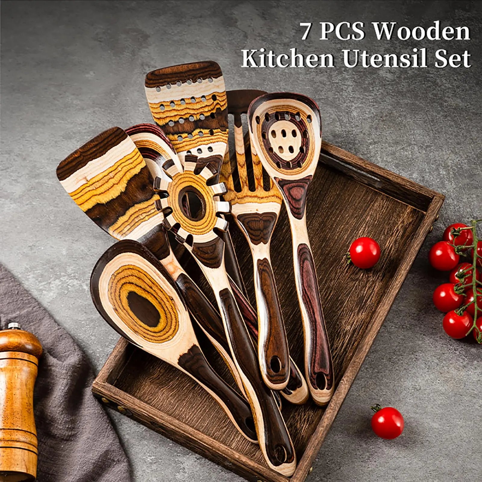 7-Piece Pakkawood Utensil Set - Non-Slip Wooden Spoons & Spatula