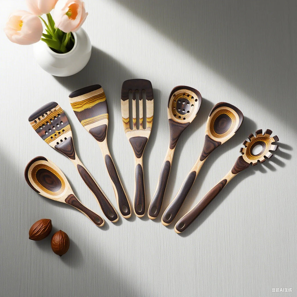 7-Piece Pakkawood Utensil Set - Non-Slip Wooden Spoons & Spatula