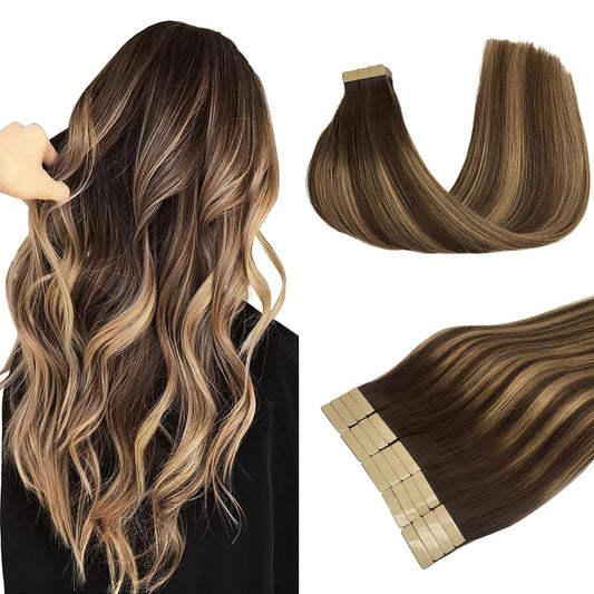 Hair Extensions Tape in Human Hair Balayage Chocolate Brown to Caramel Blonde Real Tape in Hair Extensions Human Hair Straight Remy Hair Extensions 50G 20Pcs 14 Inch