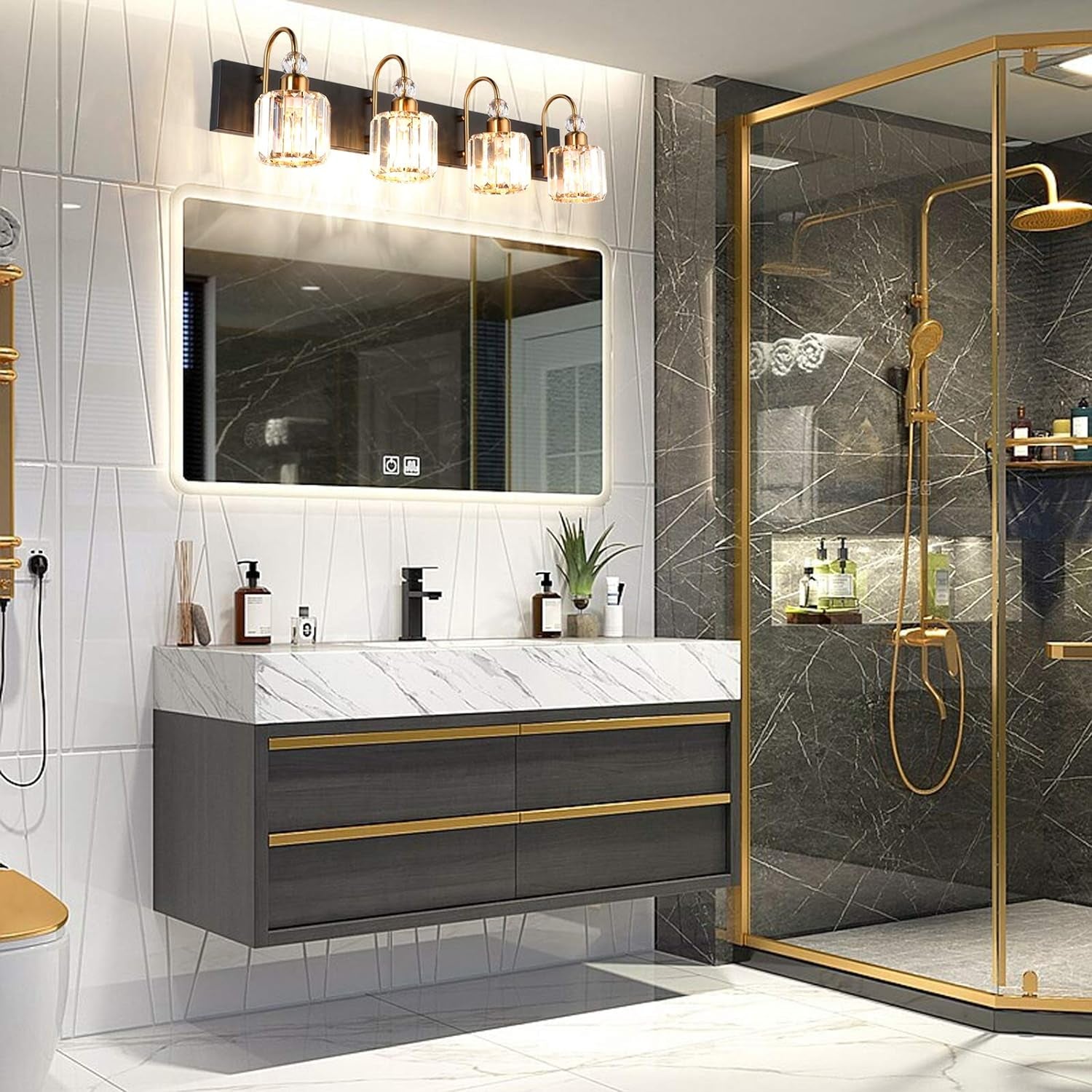 LED Modern Vanity Lights Fixtures 4 Lights Black Vanity Lights Crystal Modern Matte Black Vanity Lights for Bathroom