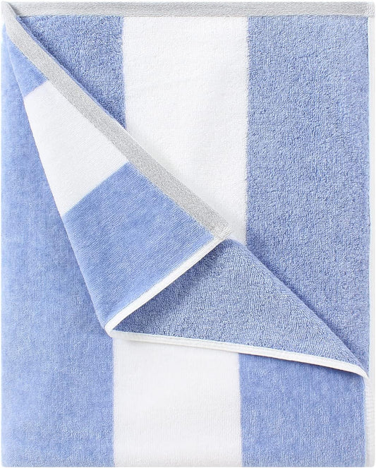Fluffy Oversized Beach Towel - Plush Thick Large 70 X 35 Inch Cotton Pool Towel, Blue Striped Quick Dry Swimming Cabana Towel