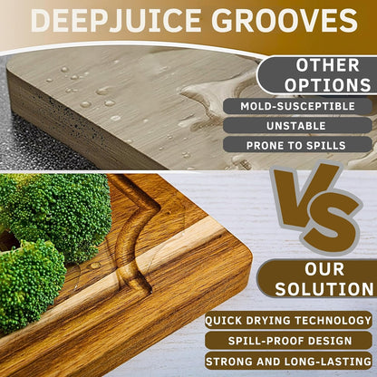 Acacia Wood Cutting Board Set of 3 | Non-Toxic Cutting Boards with Wooden Holder, Non-Slip Silicone Pads, Deep Juice Grooves & Handles | Ideal for Meat, Veggies & Charcuterie – Elegant Kitchen Gift