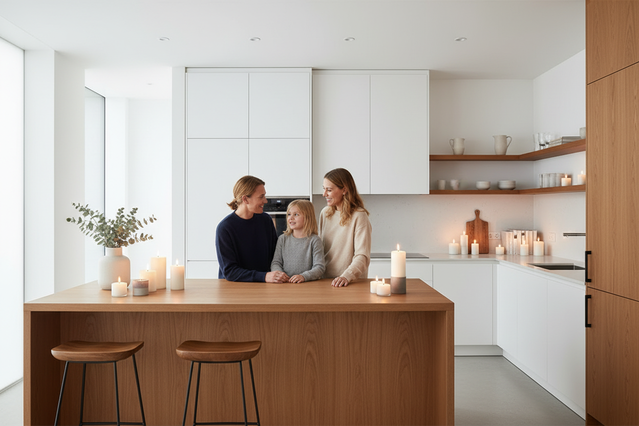 family spending time together relaxing and candles
